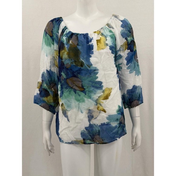 Habitat Tops - Habitat Top Womens Medium Blue White Watercolor Linen Blend Peasant Abstract Art